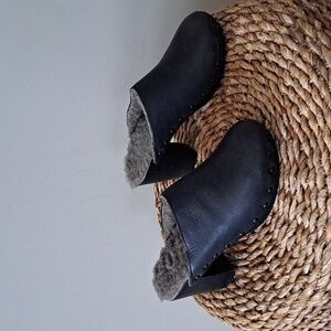 Bosabo France Womens Black Leather Studded Clog/Mules Faux Sherpa Fur Lined 7‎